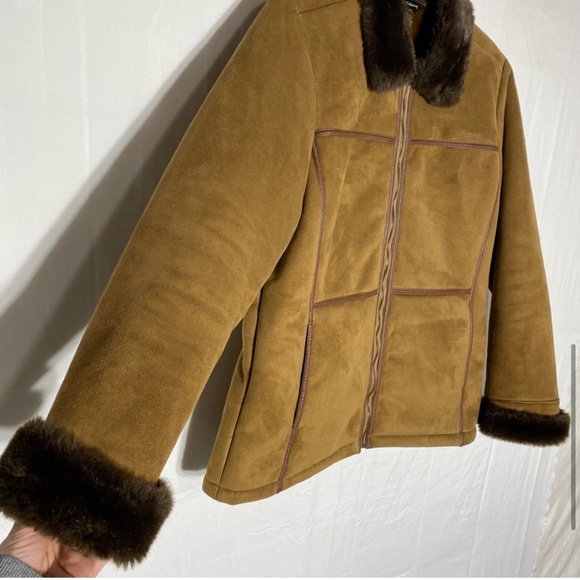 Vintage Lady Hathaway Tan Brown Faux Suede Zip Front Jacket W Faux Fur Collar M - Picture 7 of 16